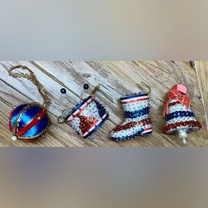 Vintage set of 4 patriotic ornaments - handmade -sequins & bead embellishments